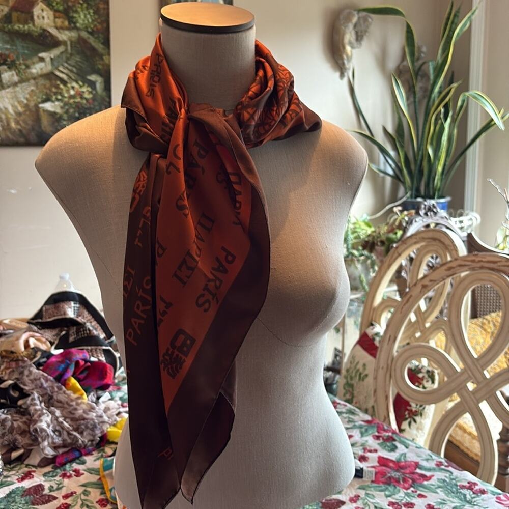 Vintage Air de Paris Foulard Orange and Brown Monogrammed Paris Print Scarf